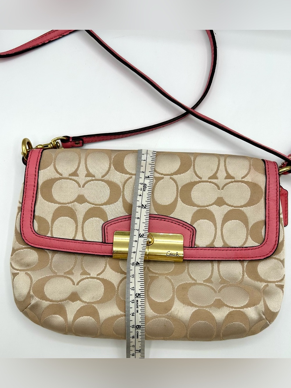 COACH Kristin Signature East/West Crossbody Bag- Khaki Canvas with Leather Trim. - Picture 14 of 16
